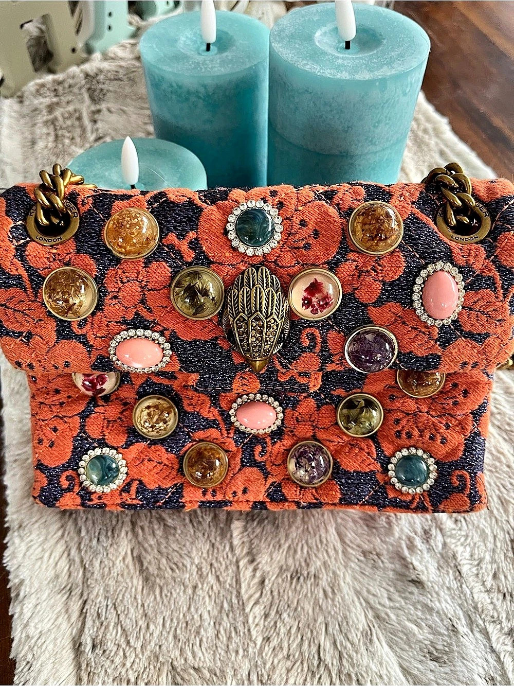 Kurt Geiger Mini Kensington Orange Floral Jeweled Crossbody Bag